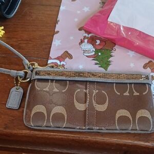 Coach Tan and Brown Signature Wristlet
